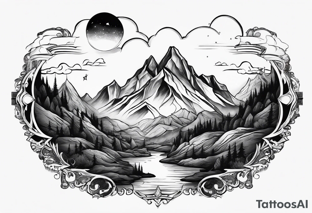 A world that is upside down with Mountains and a Dripping moon tattoo idea