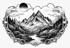 A world that is upside down with Mountains and a Dripping moon tattoo idea