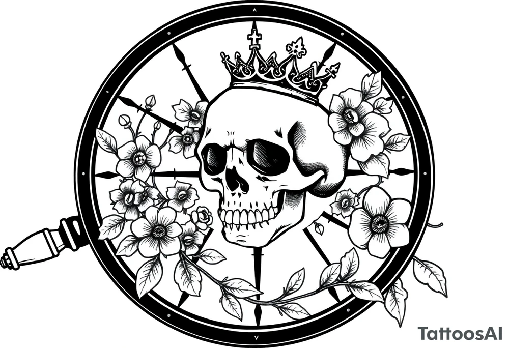 Compass with detailed beautiful gothic boho flowers on vine and skull with gorgeous crown tattoo idea