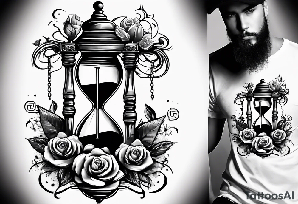 I want a design for printing on t-shirts, the design is an hourglass with a hand clock in the middle with Amazigh numbers, and these two main elements are mixed with thorny roses and planets tattoo idea