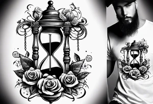 I want a design for printing on t-shirts, the design is an hourglass with a hand clock in the middle with Amazigh numbers, and these two main elements are mixed with thorny roses and planets tattoo idea
