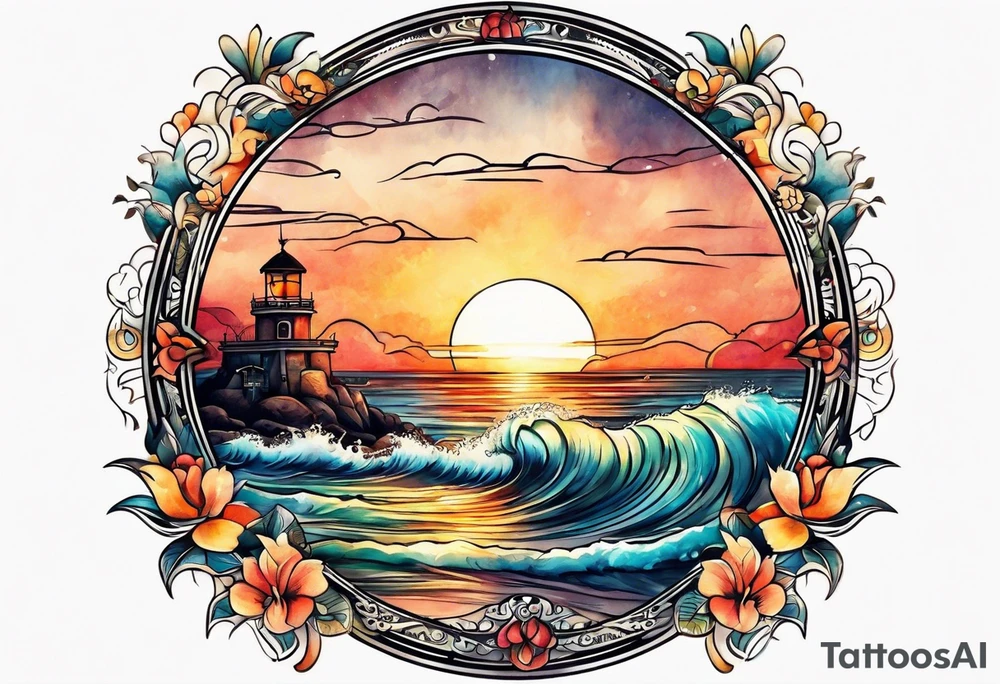 Round tattoo, inside sunset and sea with retro look tattoo idea