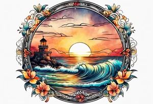 Round tattoo, inside sunset and sea with retro look tattoo idea