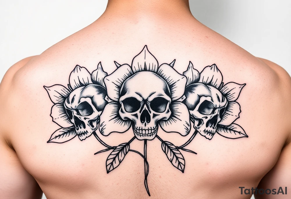 Three Flowers with skulls in the center of the flowers tattoo idea