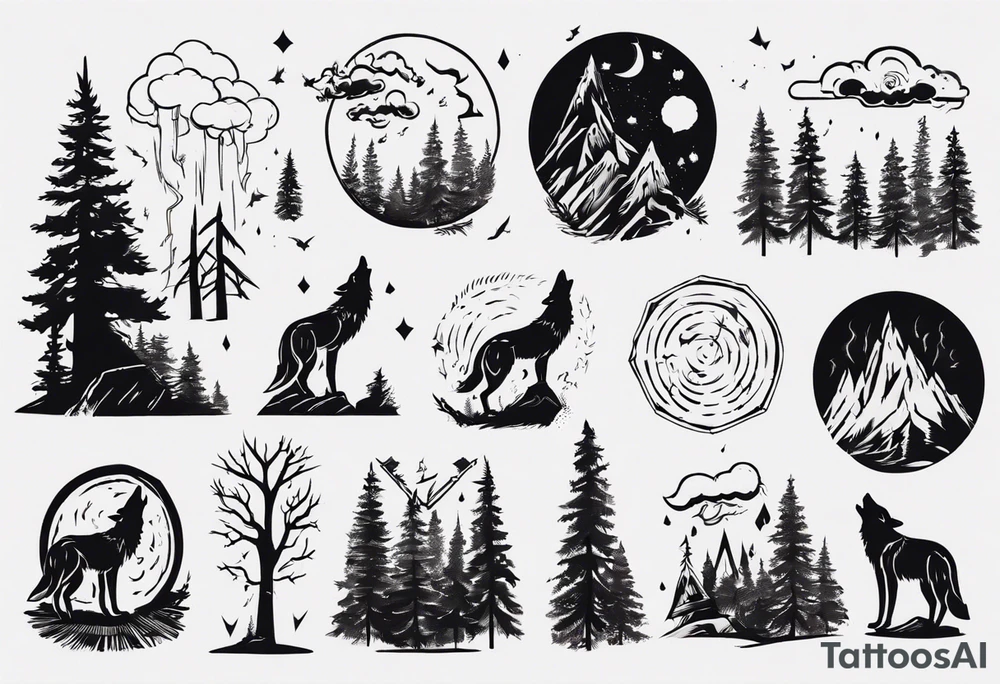 thunderstorm over a forest with a wolf howling on drums tattoo idea thunderstorm over a forest with a wolf howling on drums tattoo idea
