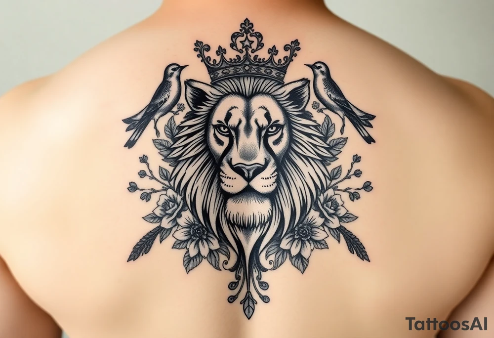 powerful majestic lion with a crown, surrounded by floral ornaments and birds tattoo idea