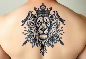 powerful majestic lion with a crown, surrounded by floral ornaments and birds tattoo idea