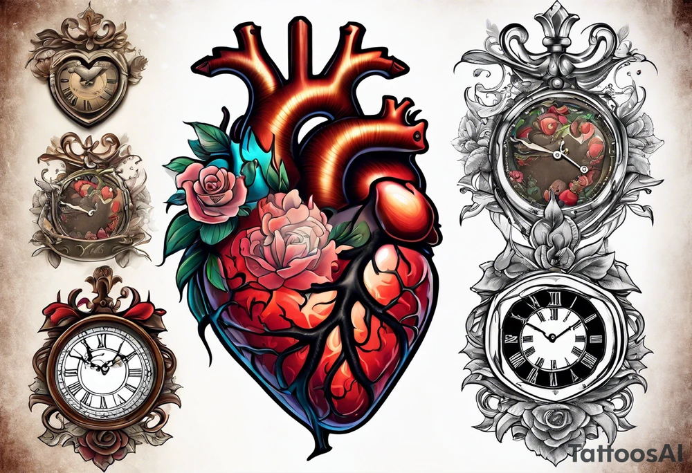 anatomical heart with clock in middle.
Clock hands on 8 and 5.
Never Say Never written on tattoo tattoo idea