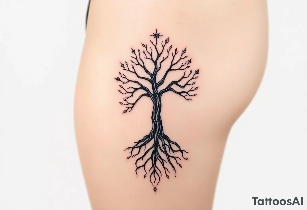 mystical tree of life with cosmic roots and celestial branches tattoo idea