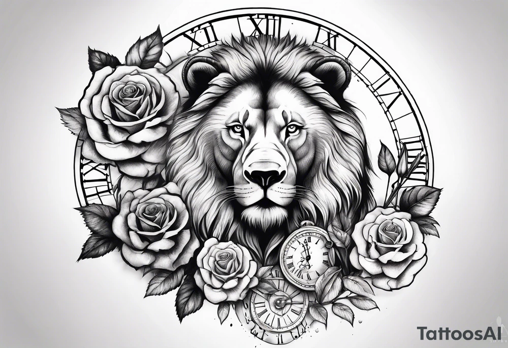 Rose clock bear lion tattoo idea