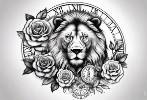 Rose clock bear lion tattoo idea