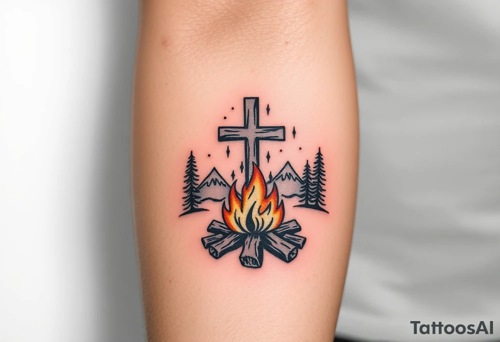 Campfire with cross include the great outdoors and night sky make sure cross doesn't look like it is on fire tattoo idea