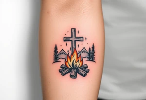 Campfire with cross include the great outdoors and night sky make sure cross doesn't look like it is on fire tattoo idea