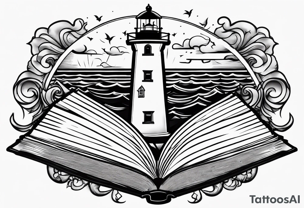 minimalist "open book" with a lighthouse in the middle and a clock and surrounded by storm and a banner on top tattoo idea