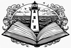 minimalist "open book" with a lighthouse in the middle and a clock and surrounded by storm and a banner on top tattoo idea