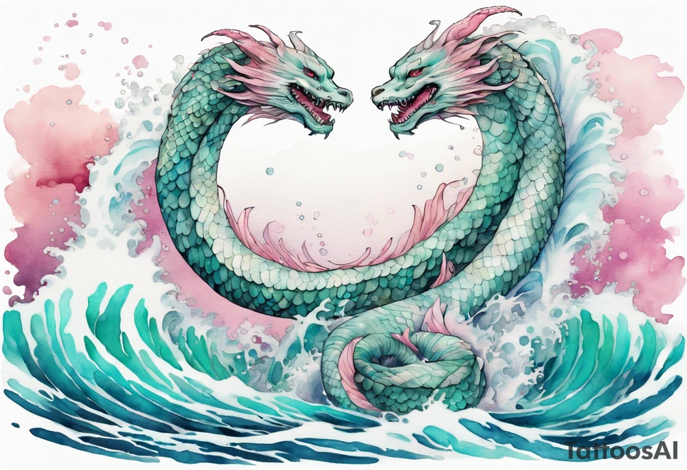 a gentle Falkor sea-serpent hybrid with turquoise and pink scales emerging from the waves tattoo idea