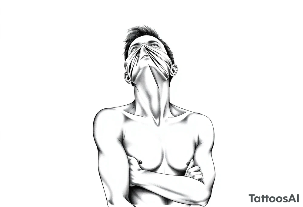 a naked man covering his eyes and mouth with a cloth with no emotions and looking up the sky tattoo idea