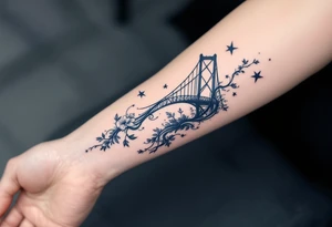 信 (xìn, “faith/trust”) in deep indigo with a bridge motif speaks of connection and reliability. tattoo idea