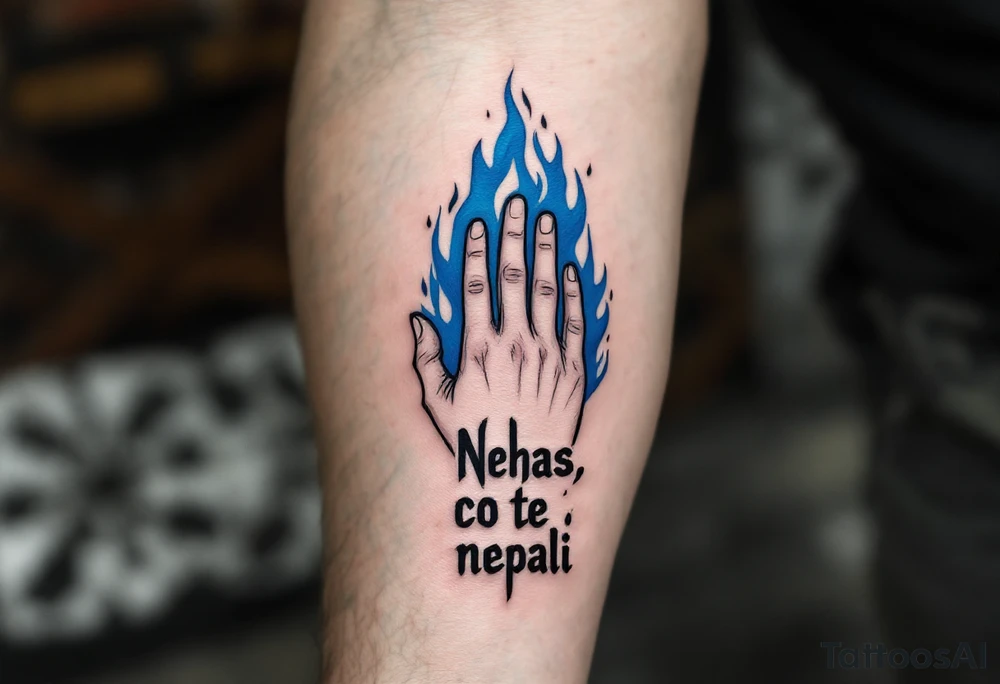 "Nehas, co te nepali." — A hand reaching out to untouched blue flames, surrounded by the quote in sharp charcoal-gray ink. tattoo idea