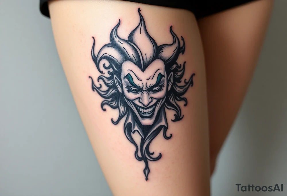 Powerful joker surrounded by flames tattoo idea