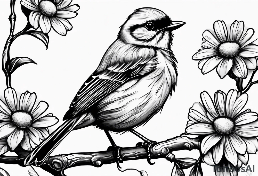 little bird, sitting on a branch holding a daisy tattoo idea