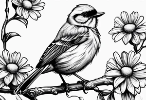 little bird, sitting on a branch holding a daisy tattoo idea