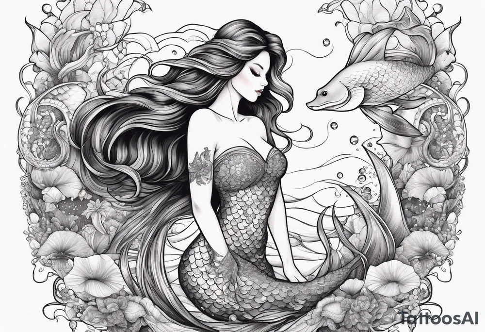 Beautiful full length mermaid under the sea with cascading hair and flowing tail. surrounded by sea creatures tattoo idea
