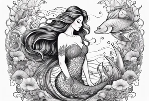 Beautiful full length mermaid under the sea with cascading hair and flowing tail. surrounded by sea creatures tattoo idea