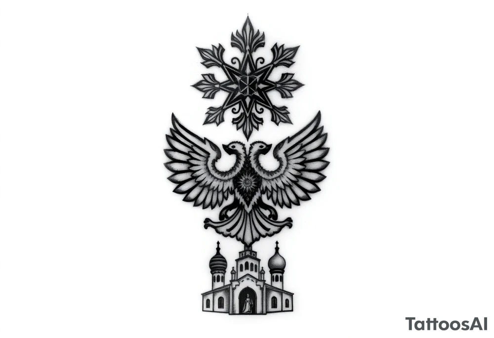 Stacked Vertical Column 

Russian star — bold
Middle: double-headed eagle — simplified, cleaner lines to suit the smaller space
Bottom: Orthodox church dome(s) & a Virgin Mary silhouette beneath tattoo idea