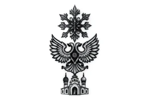 Stacked Vertical Column 

Russian star — bold
Middle: double-headed eagle — simplified, cleaner lines to suit the smaller space
Bottom: Orthodox church dome(s) & a Virgin Mary silhouette beneath tattoo idea