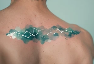 A fine-line Capricorn constellation in shimmering silver ink stretches across a gradient teal background. tattoo idea