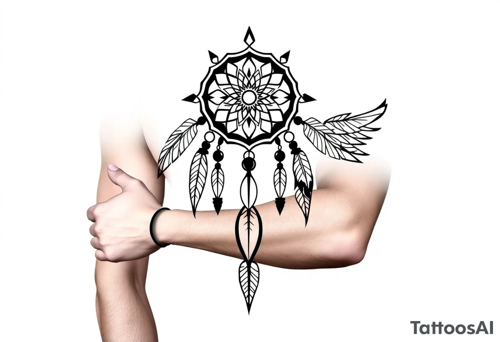 native dreamcatcher with flowing feathers and sacred beads tattoo idea