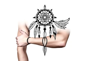 native dreamcatcher with flowing feathers and sacred beads tattoo idea