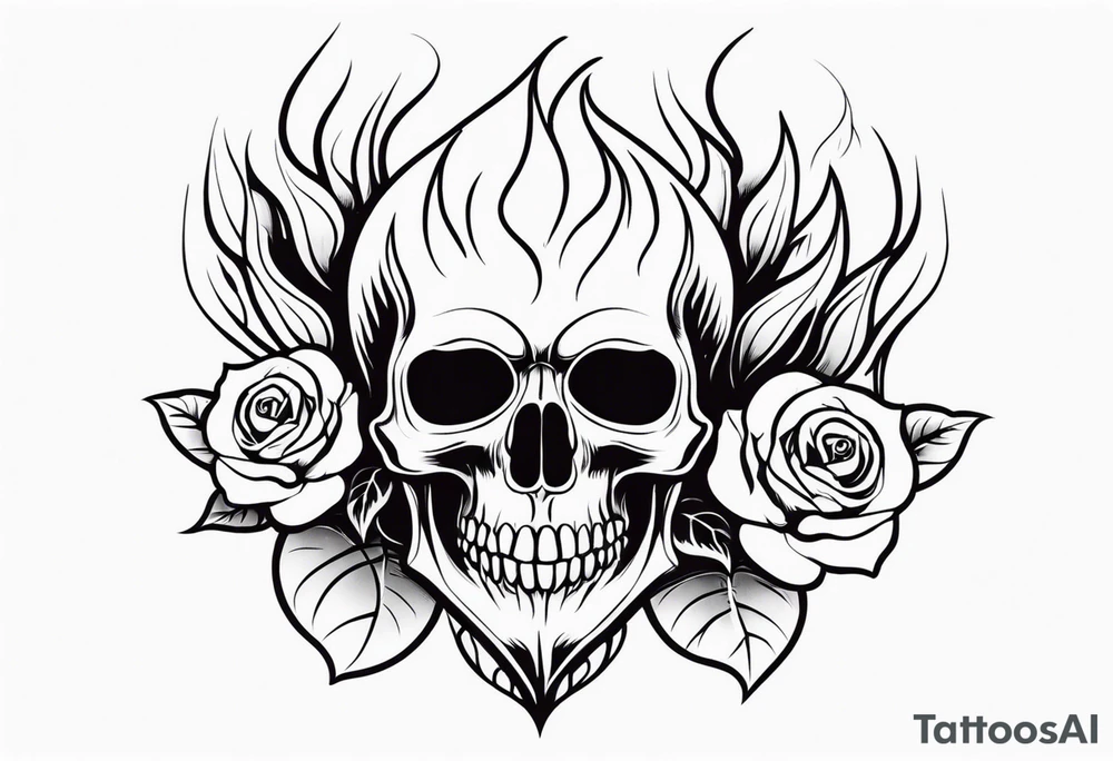 Skull with rose and flames tattoo idea