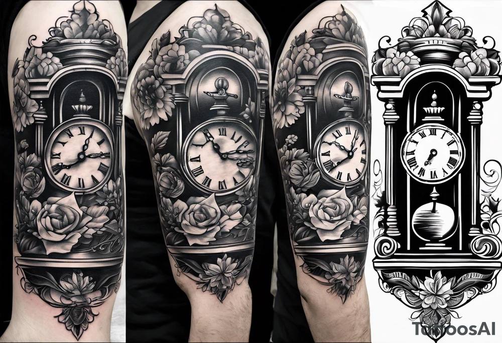 a tattoo mixing a clock and an hourglass in black and white where the year 1979 appears. tattoo idea