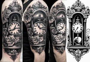 a tattoo mixing a clock and an hourglass in black and white where the year 1979 appears. tattoo idea