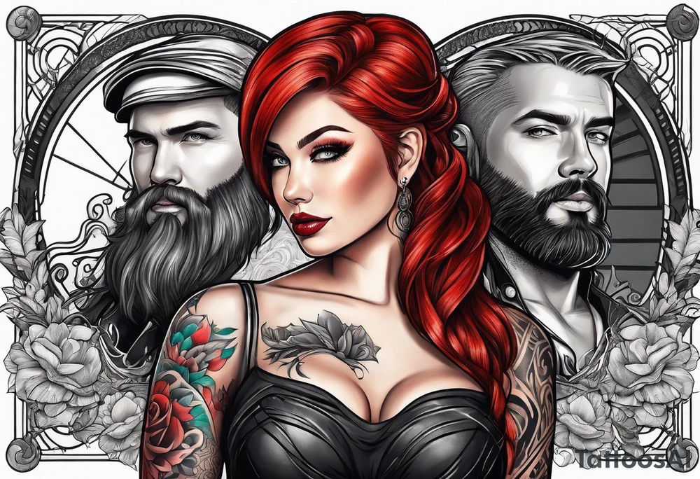 Busty Red haired woman with black haired bearded man tattoo idea
