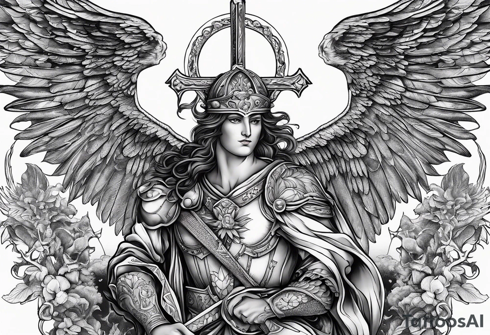 Arm sleeve of St Michael killing the devil tattoo idea