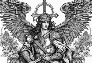 Arm sleeve of St Michael killing the devil tattoo idea