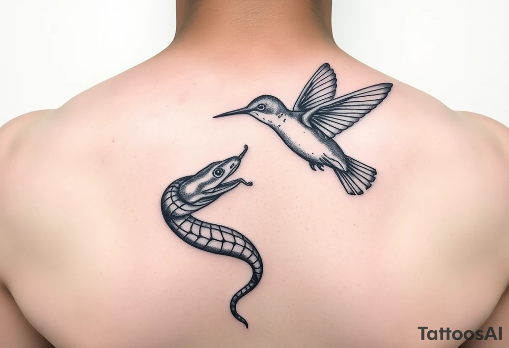 Humming bird looking down at snake while snake tail wrapped around humming bird and snake hissing at humming bird tattoo idea