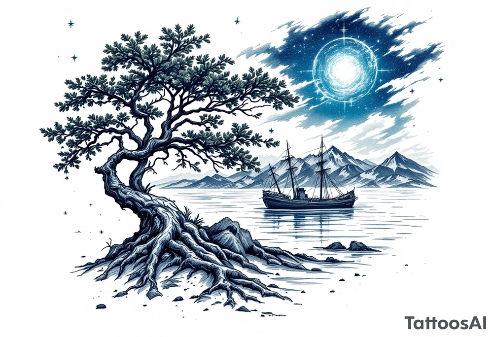 tattoo that has an acacia tree with mountains, ocean with a ship wreck and the northern star tattoo idea