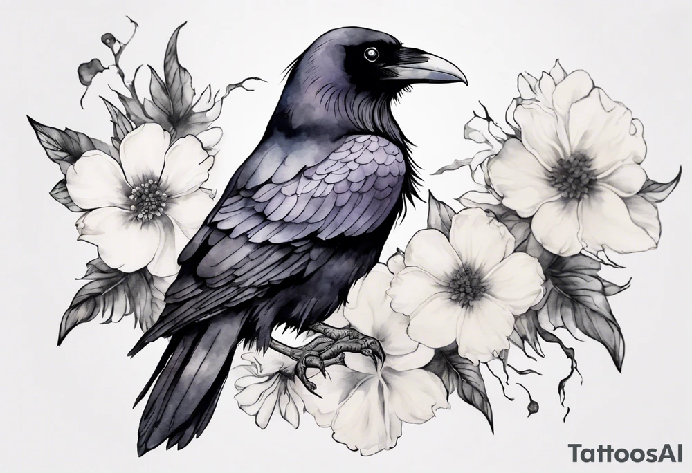 a raven with a white flower cap tattoo idea
