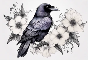 a raven with a white flower cap tattoo idea