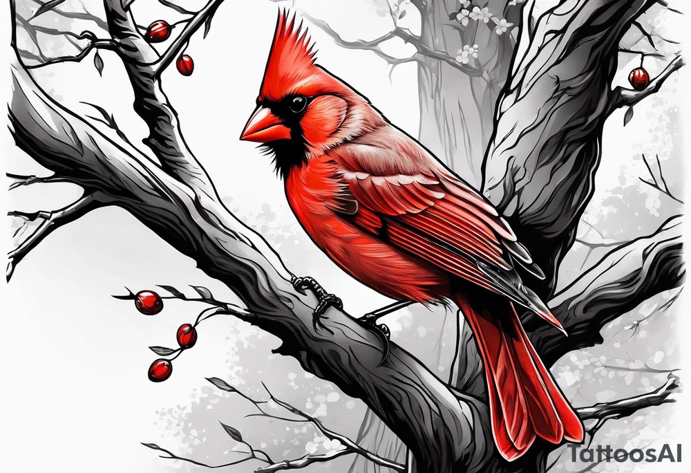 red cardinal on a lone tree branch tattoo idea
