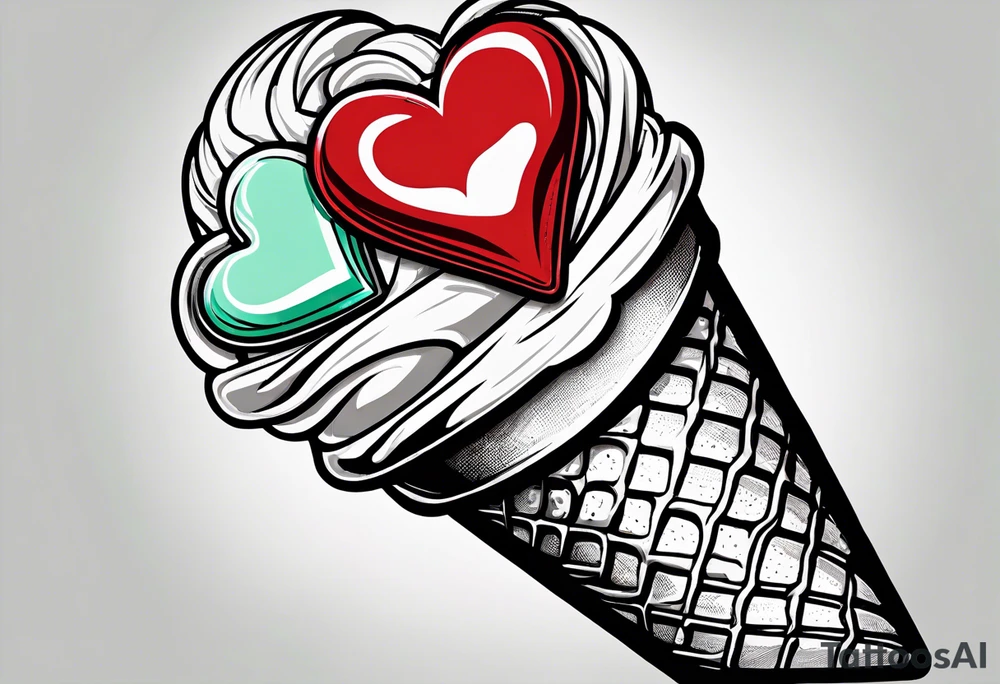 simple mint chocolate chip ice cream cone with small red heart on it somewhere. tattoo idea
