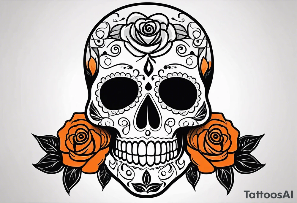 Sugar skull with roses that are orange and black with smoke around it tattoo idea