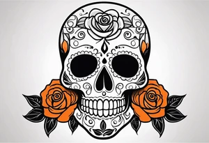Sugar skull with roses that are orange and black with smoke around it tattoo idea
