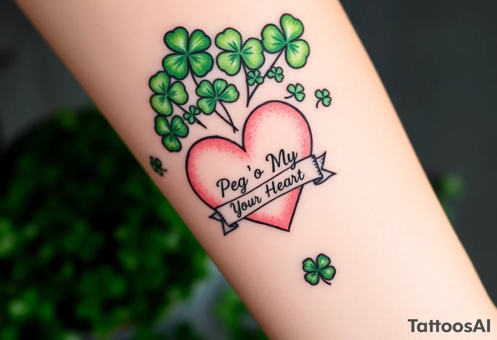 A ton of green shamrocks and a big pale pink heart with a banner across the heart that says Peg 'o My Heart tattoo idea