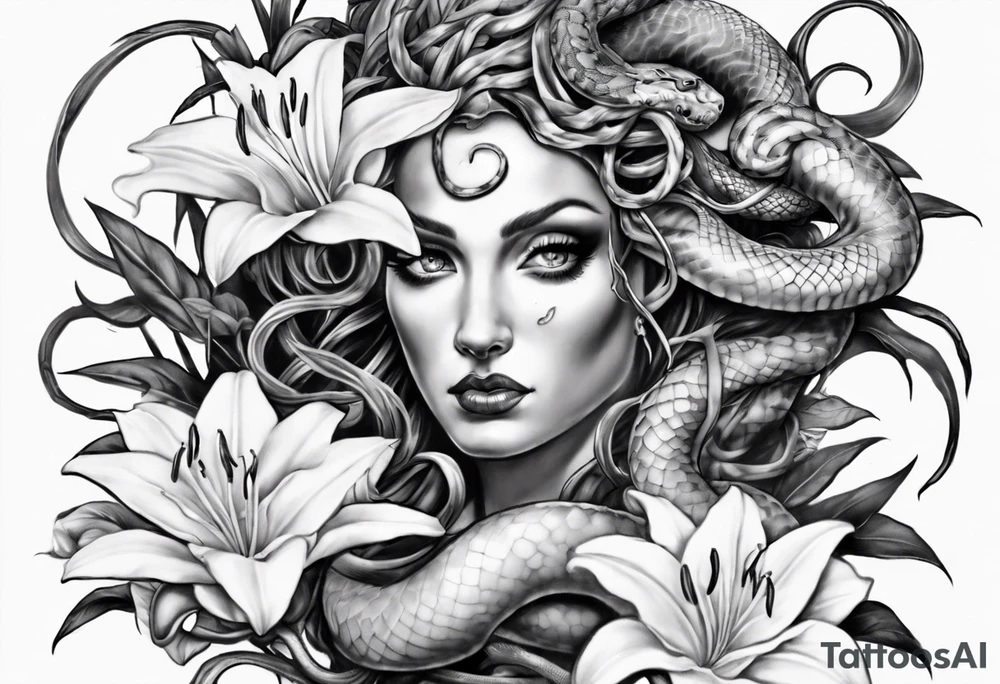 Medusa with white pupils and snake hair. Lilies tattoo idea
