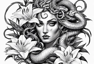 Medusa with white pupils and snake hair. Lilies tattoo idea